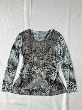 Essentials Animal Print Rhinestone Embellished Long Sleeve Top Green Size L